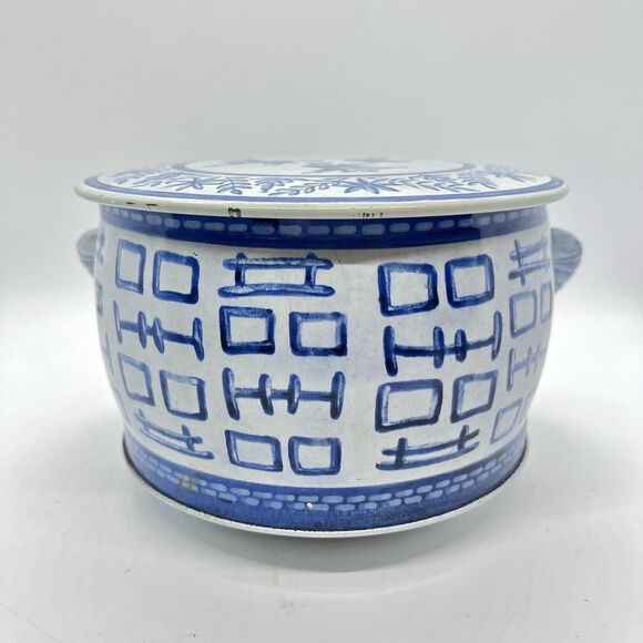 Vintage Metal Tin with Roped Handle Blue White - Picture 4 of 8